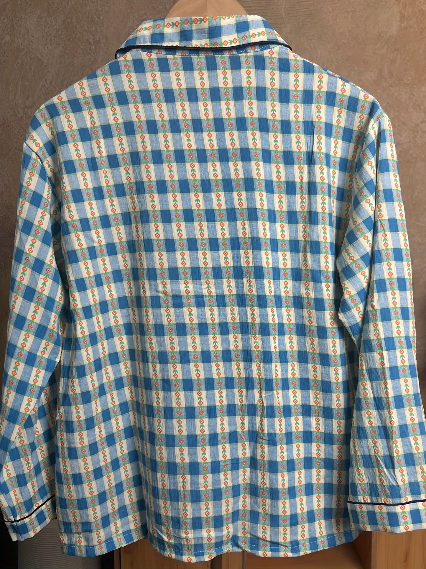 Vintage Blue Check Pajama Set – Button Shirt & Pants