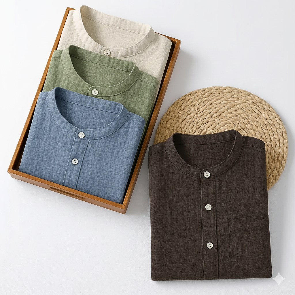 New Premium Chinese Collar Cotton Linen Full sleeves Shirts (Pack of 4)