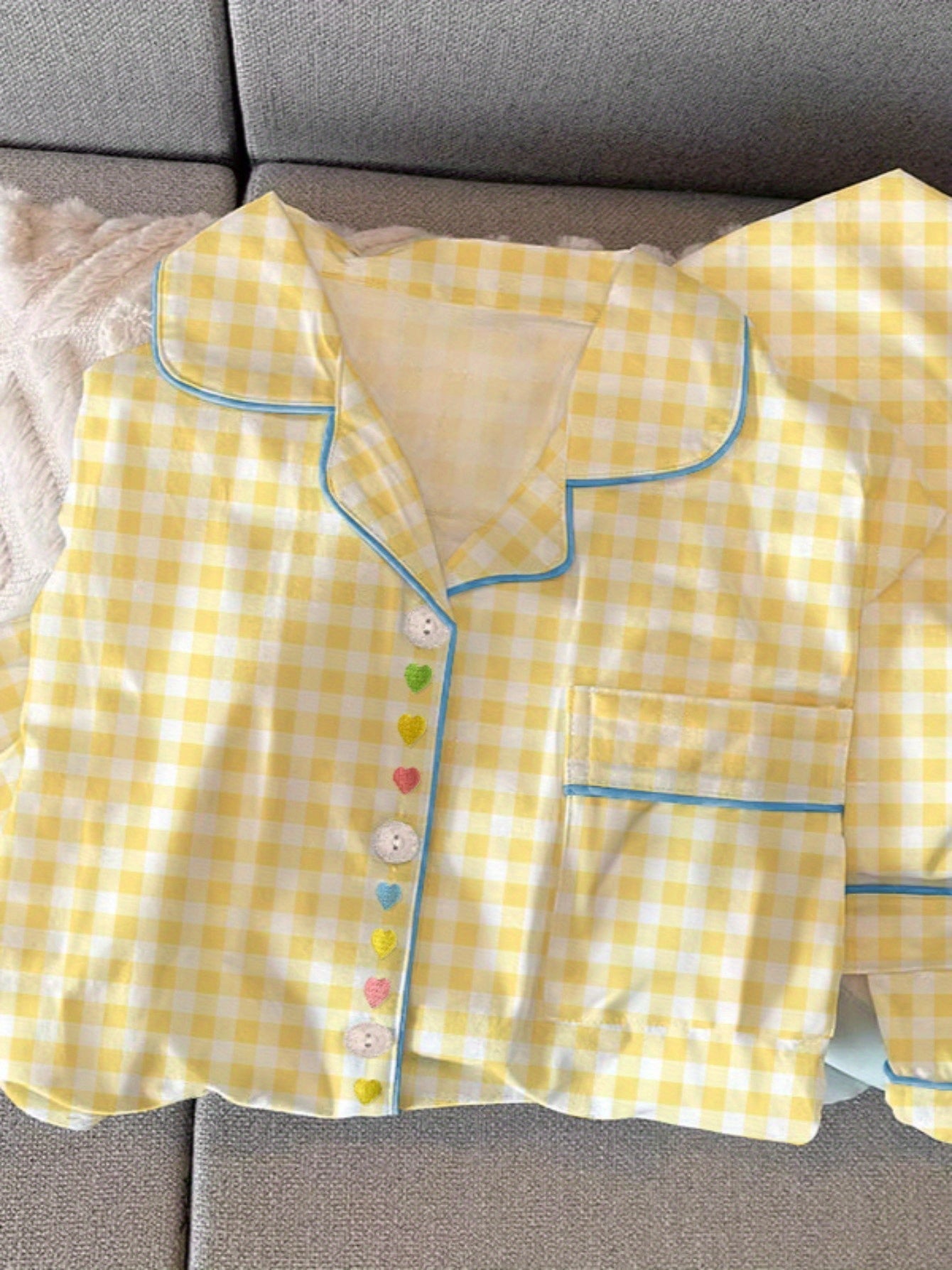 Yellow Gingham Pajama Set with Heart Buttons – Shirt & Pants