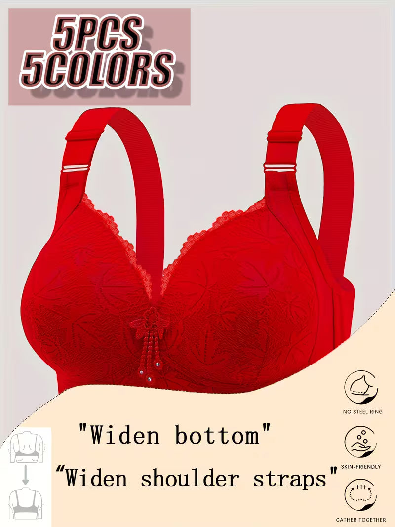 5pcs Full-Coverage Wireless Bras - Wire-Free Moderate Support with -Neck & Leaf Lace Cups, Soft Breathable Underwire-Free Bras Suitable for Daily Wear, Machine Washable Full Coverage for Women