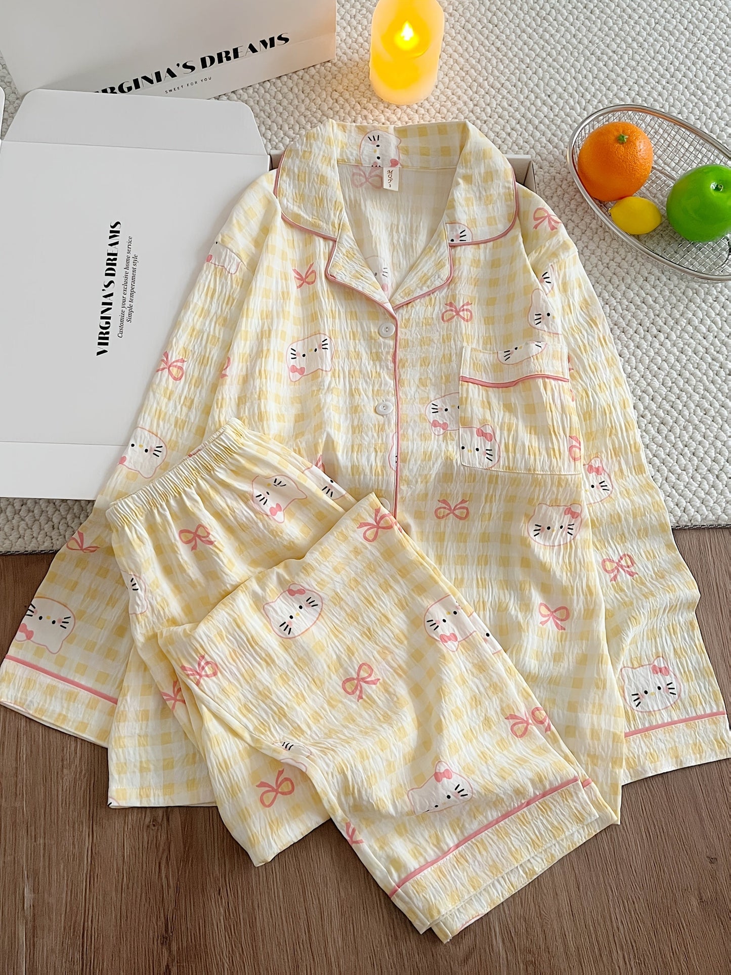 Yellow Gingham Kitty Pajama Set – Button Shirt & Pants