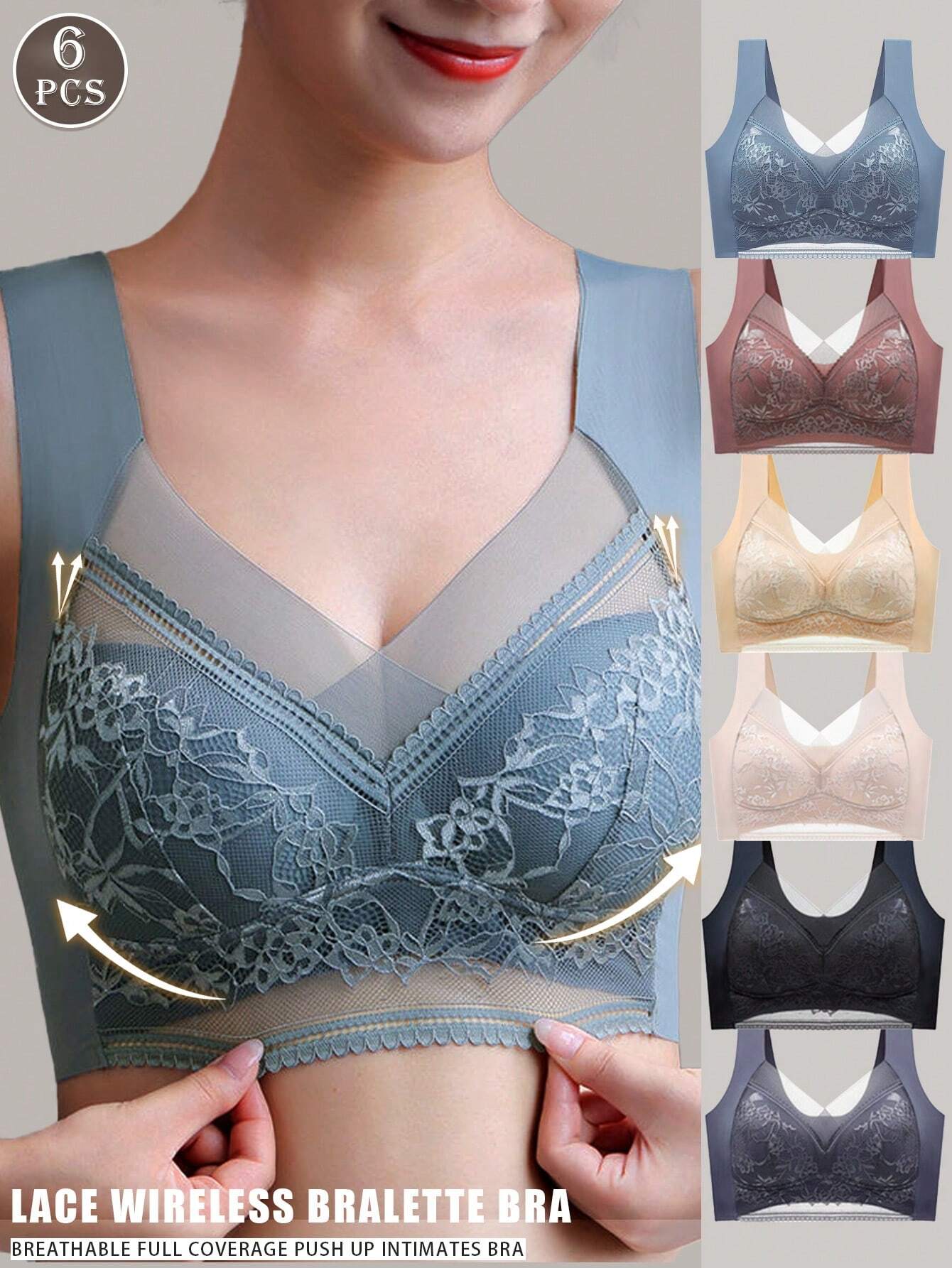 6Pcs Seamless Lace Bra Set Women's Wireless Sports Bra Push Up Bra