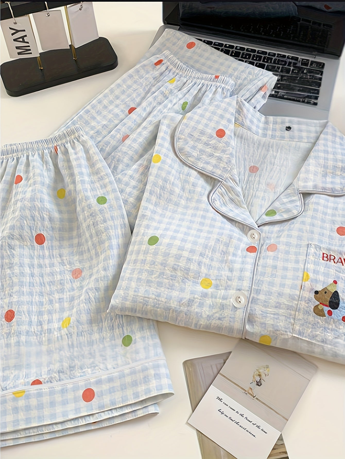 Polka Dot Pajama Set with Puppy Pocket – Shirt & Pants