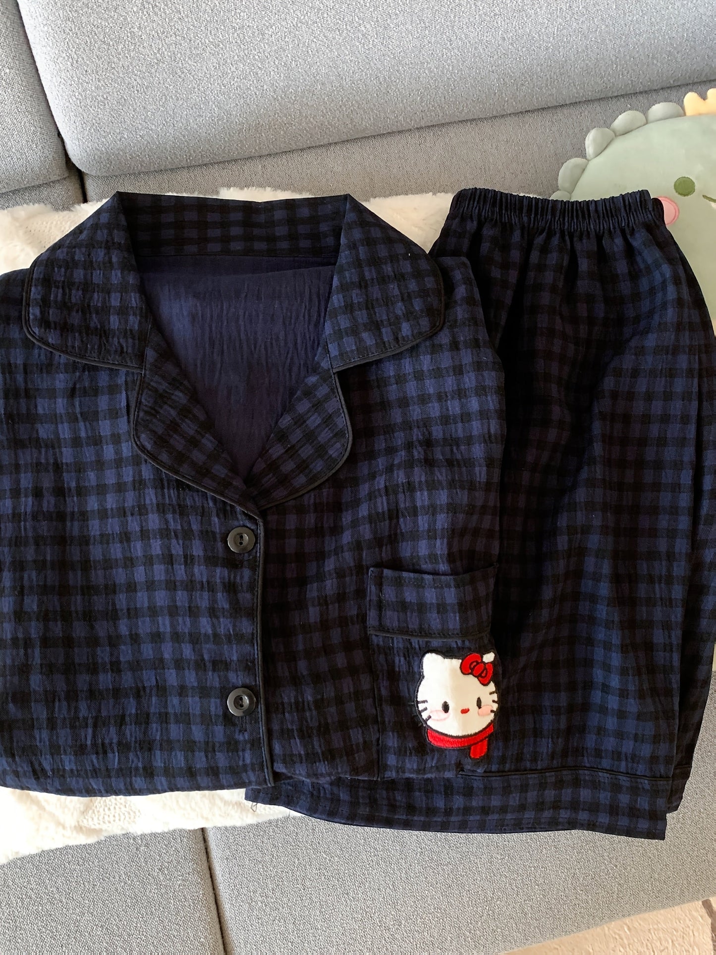 Navy Check Pajama Set with Hello Kitty Pocket – Shirt & Shorts