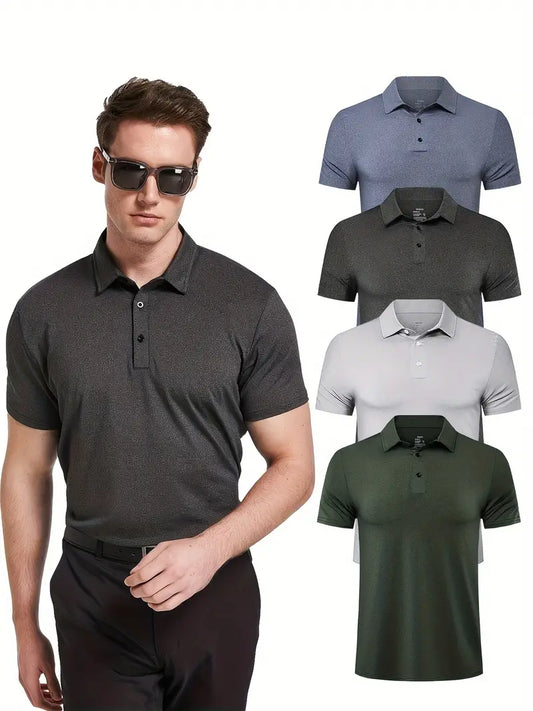 4pcs Men's Trendy Quick Dry Shirt, Active Slightly Stretch Breathable Lapel Button Up Short Sleeve Shirt For Outdoor