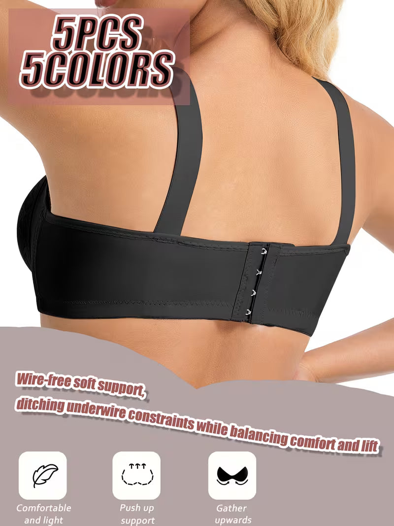 5pcs Full-Coverage Wireless Bras - Wire-Free Moderate Support with -Neck & Leaf Lace Cups, Soft Breathable Underwire-Free Bras Suitable for Daily Wear, Machine Washable Full Coverage for Women