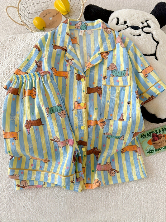 Cute Dachshund Print Striped Pajama Set – Short Sleeve & Shorts