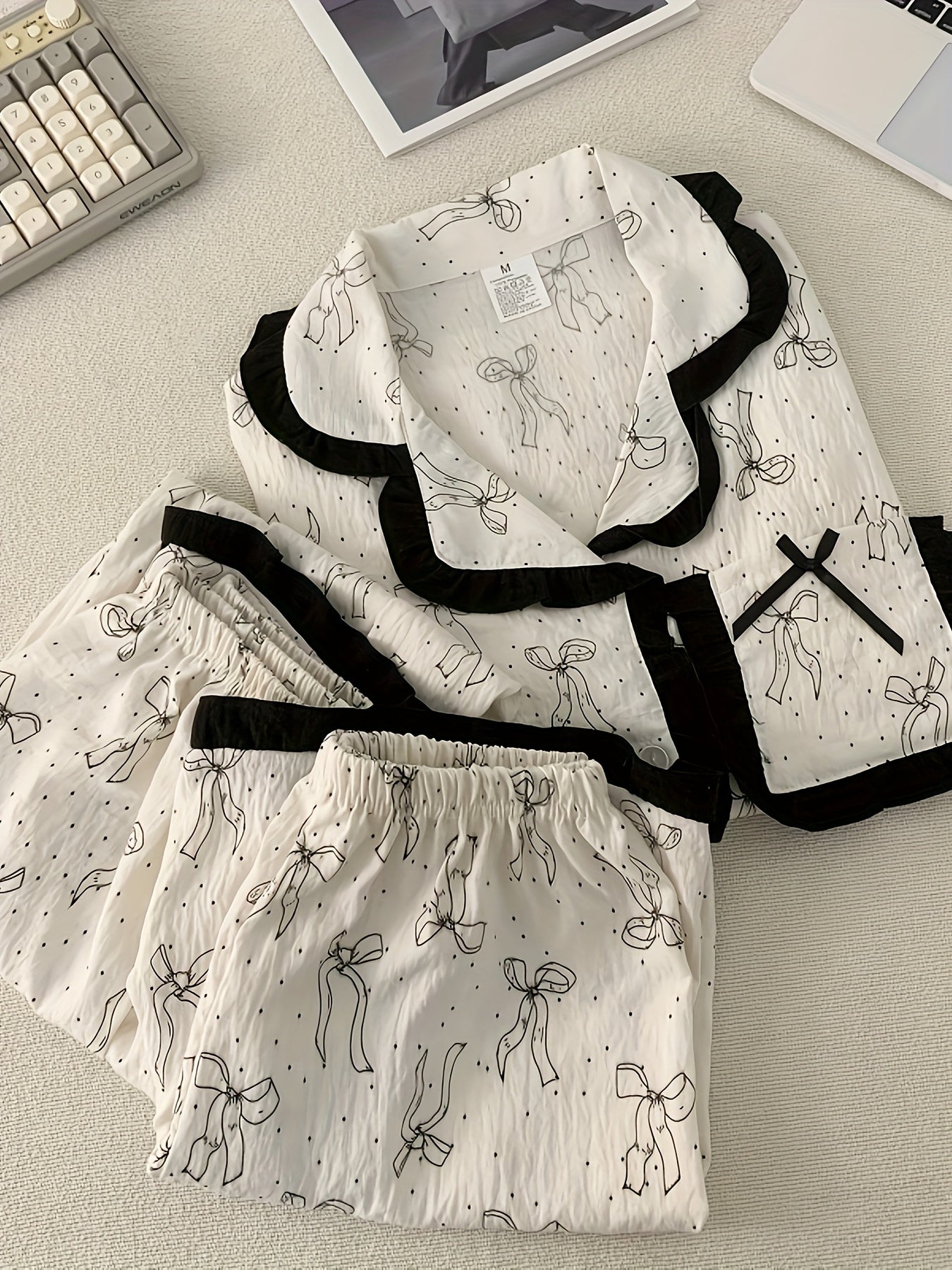 Elegant Bow Print Pajama Set – 3-in-1 (Shirt, Shorts & Pants)