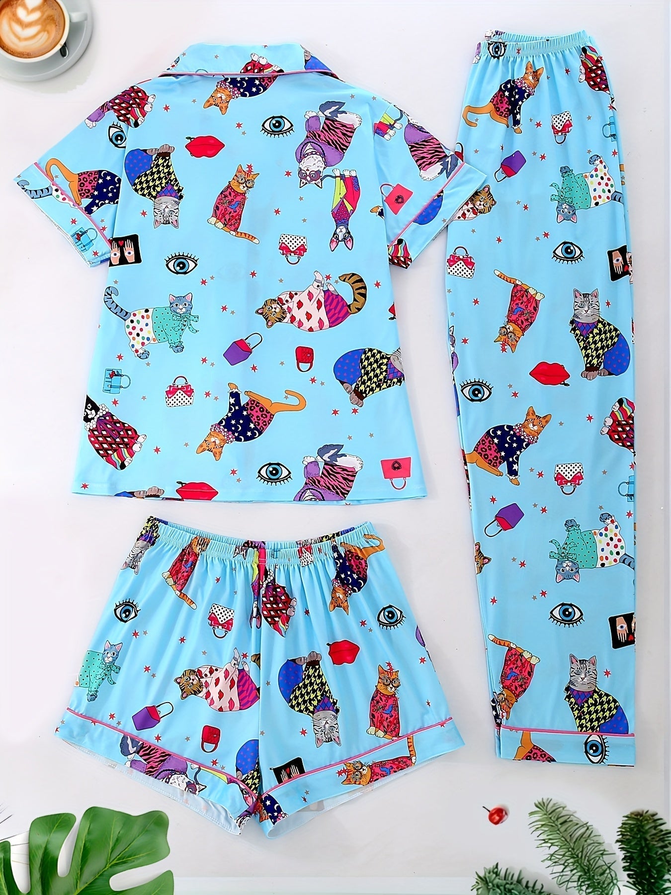 Quirky Cat Party Nightwear Set (3-Piece Combo)