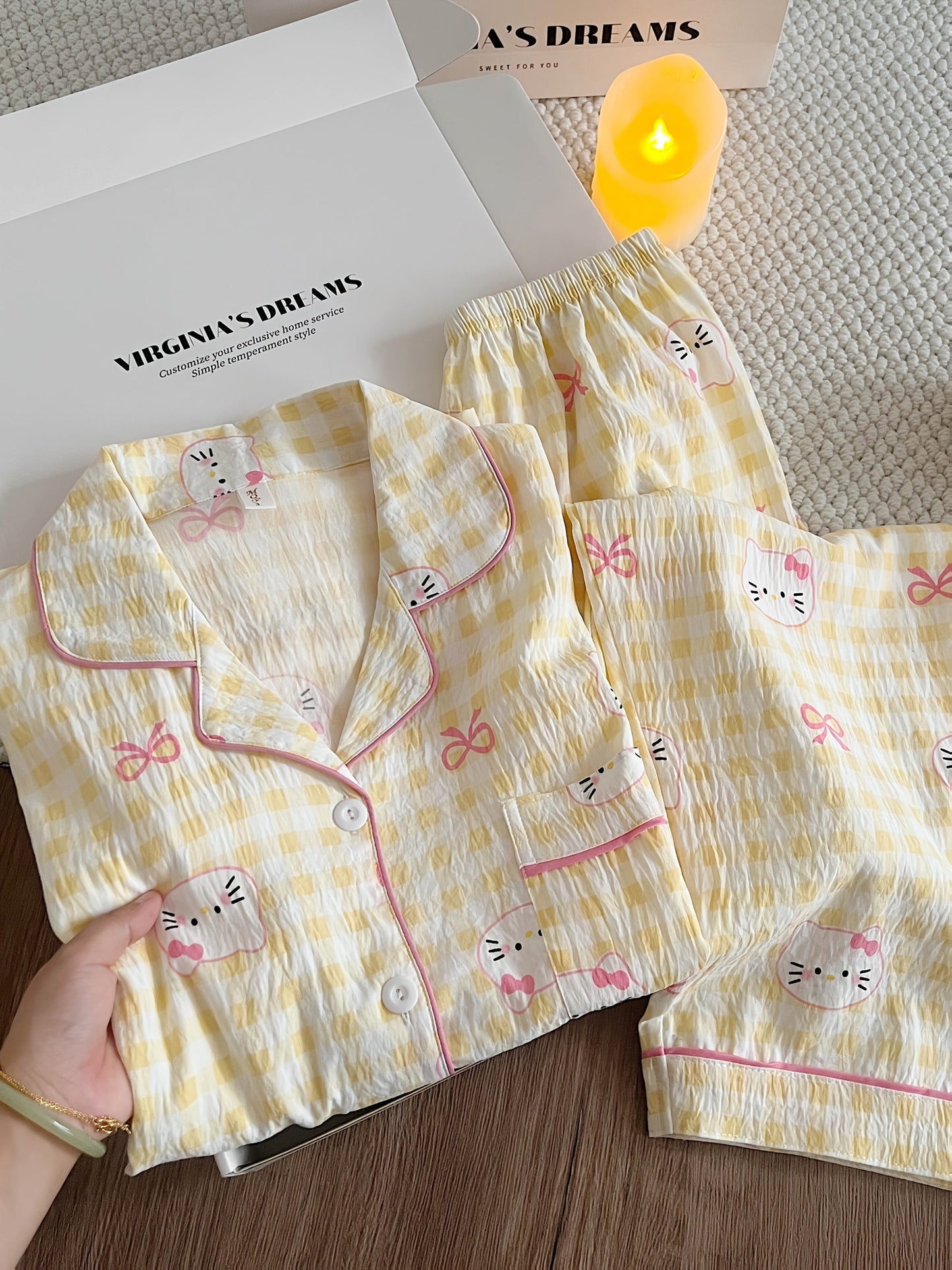 Yellow Gingham Kitty Pajama Set – Button Shirt & Pants