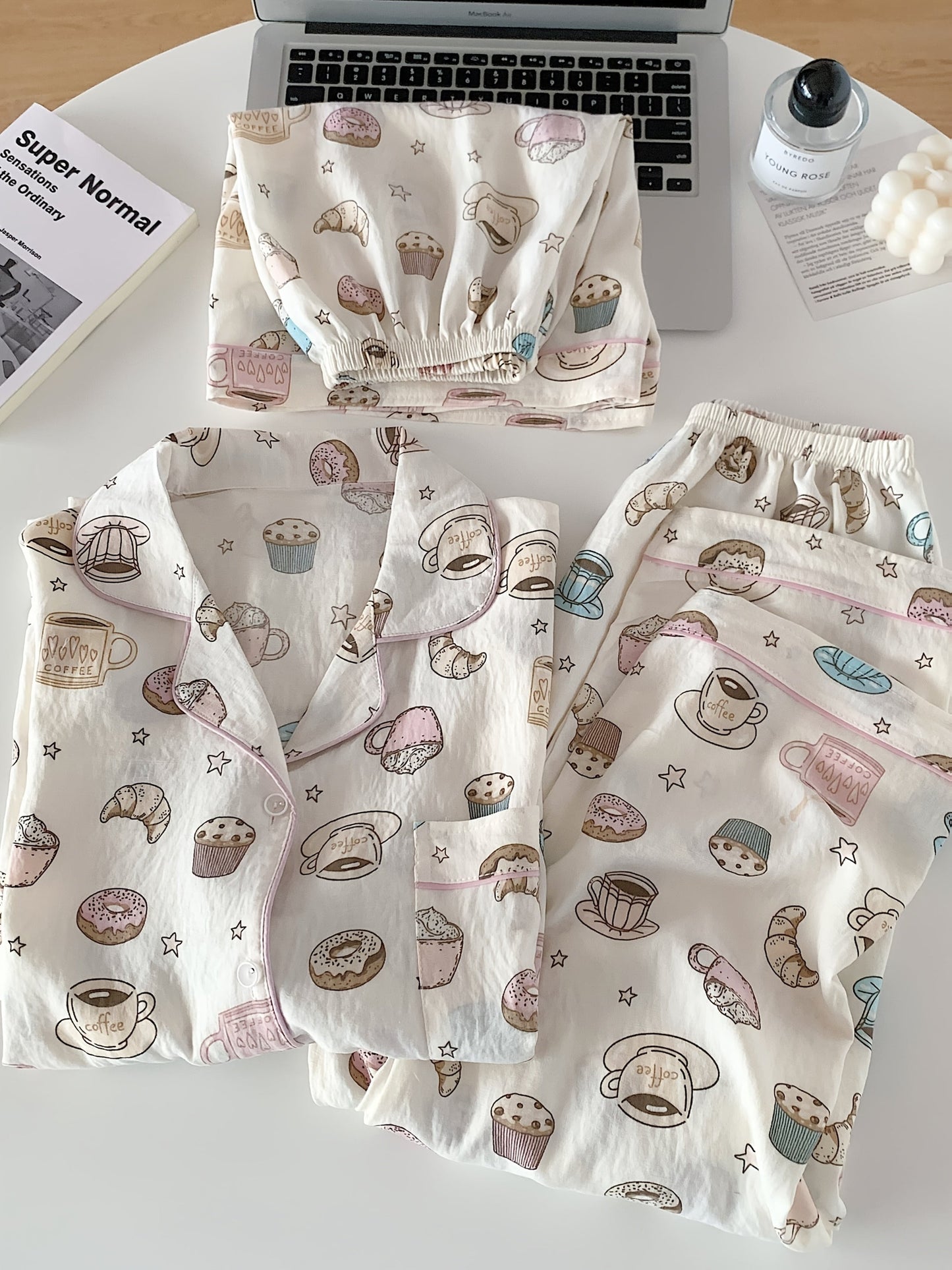 Coffee & Donuts Print Pajama Set – Shirt, Shorts & Pants