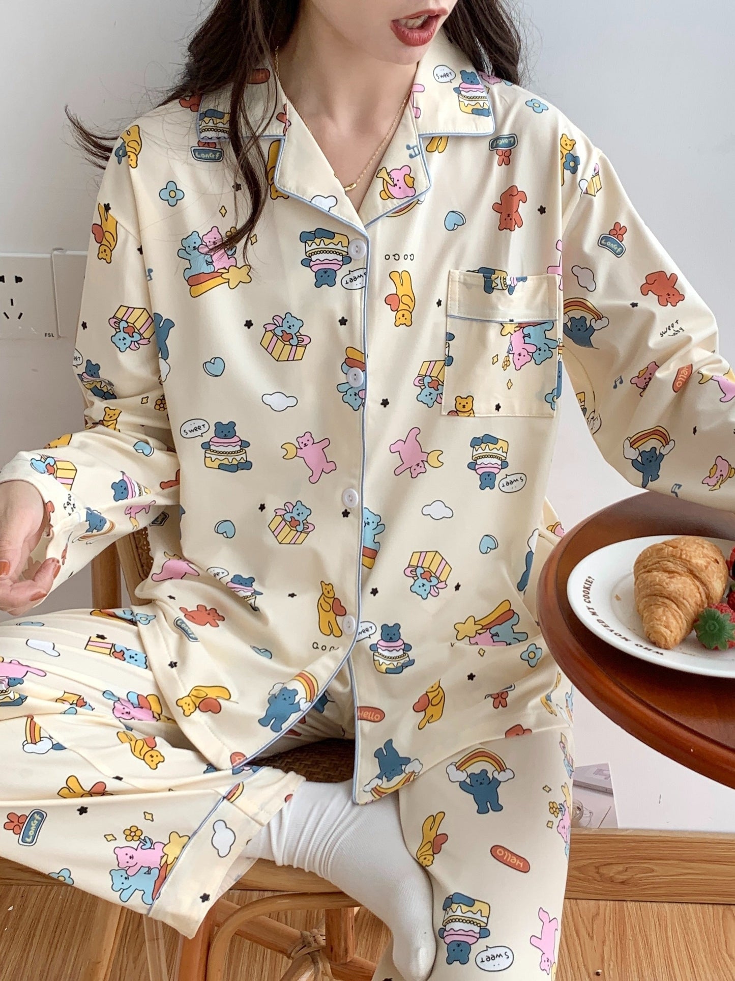 Cartoon Bear & Rainbow Pajama Set – Shirt & Pants