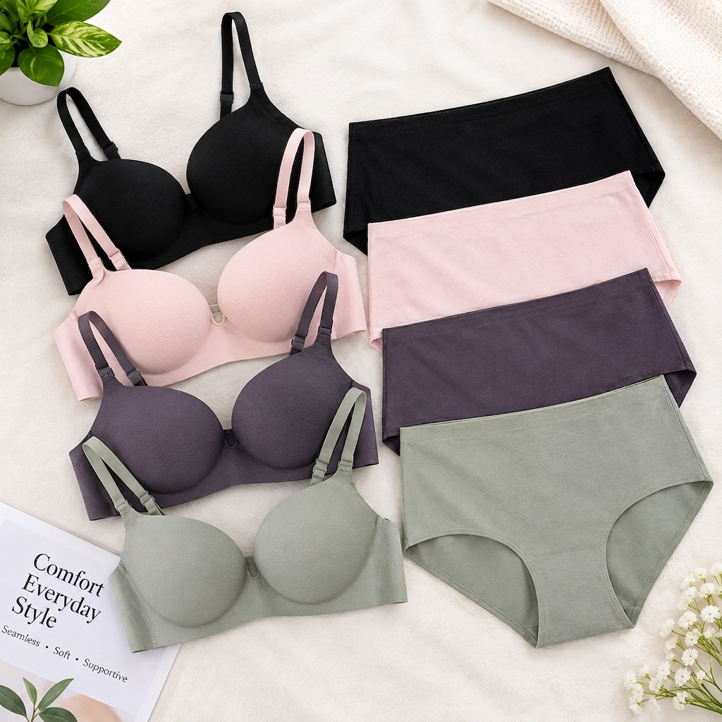 Seamless Multicolor  Everyday Bra Panty Set (Pack of 4)