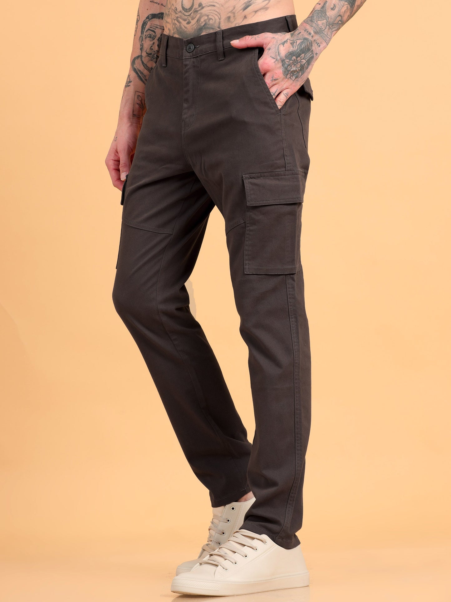 Men 2 Cotton Regular Fit Cargo Trousers, GRAPHITE GREY NAVY