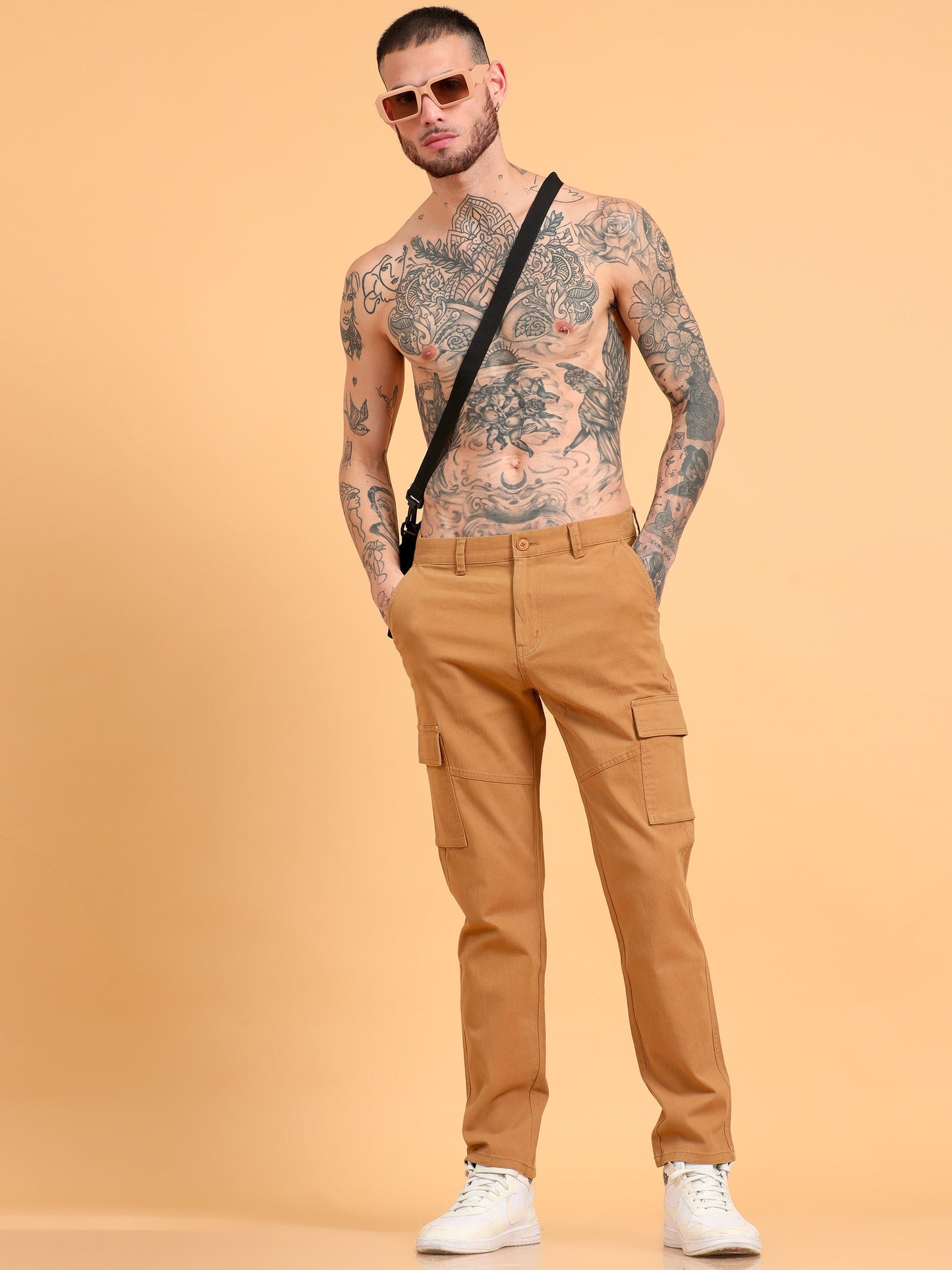Men 2 Cotton Regular Fit Cargo Trousers, KHAKI BROWN