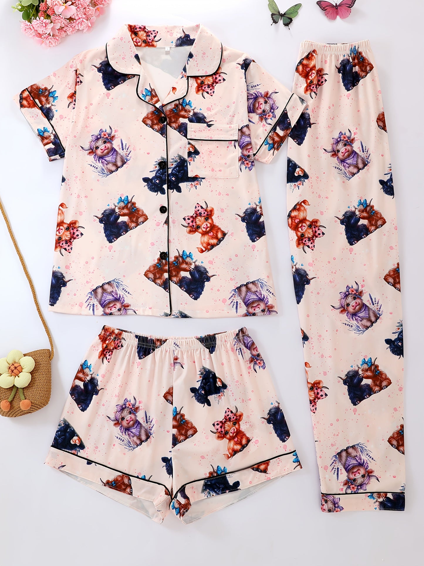 Adorable Cartoon Cow Print Nightwear Set (3-Piece Combo)