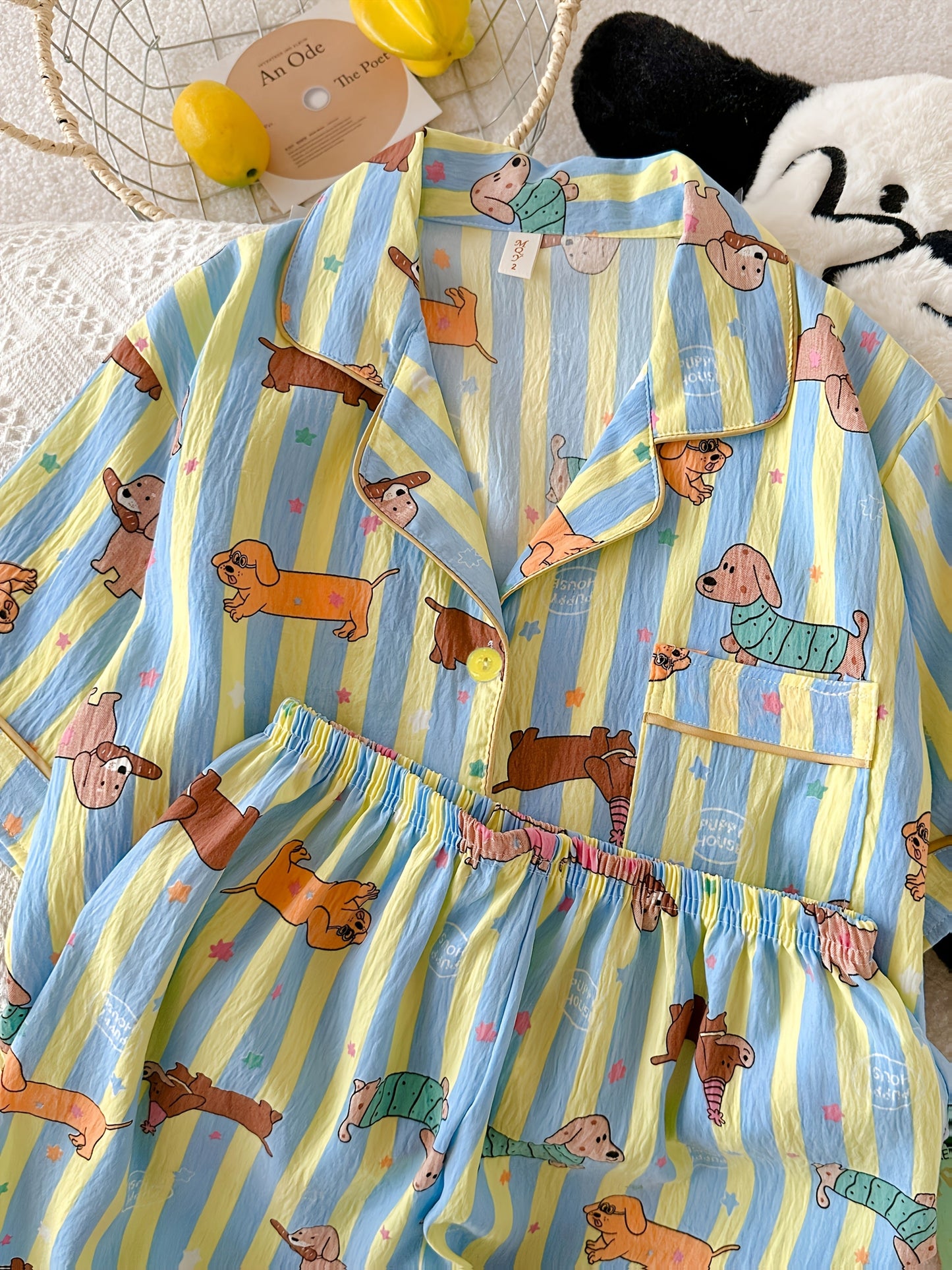 Cute Dachshund Print Striped Pajama Set – Short Sleeve & Shorts