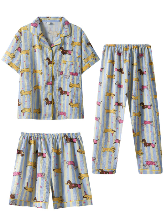 3-in-1 Dachshund Print Pajama Set – Shirt, Shorts & Pants