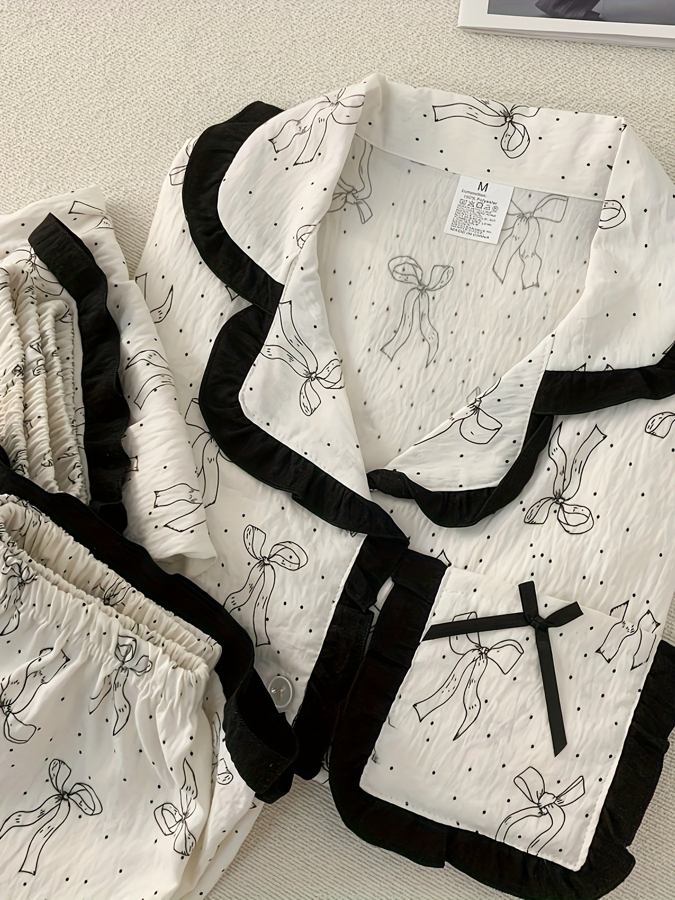 Elegant Bow Print Pajama Set – 3-in-1 (Shirt, Shorts & Pants)