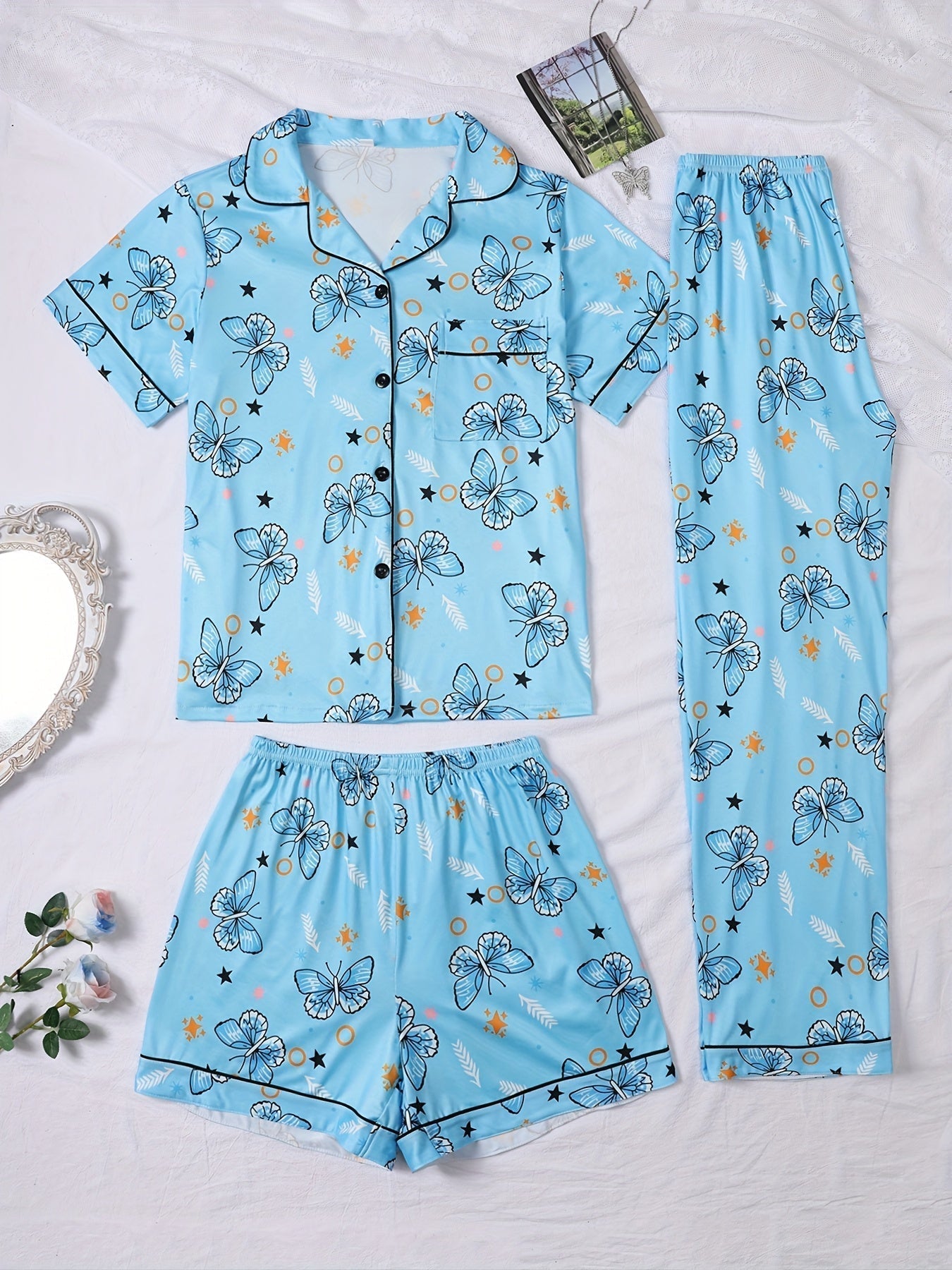 Blue Butterfly Dream Nightwear Set (3-Piece Combo)