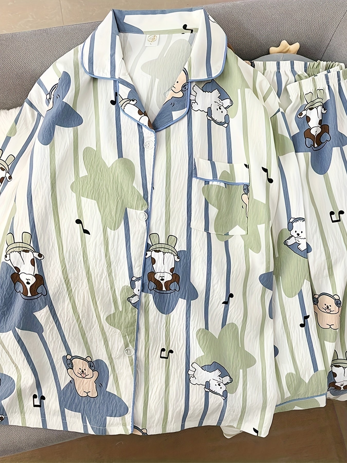 Puppy Print Striped Pajama Set – Shirt & Pants