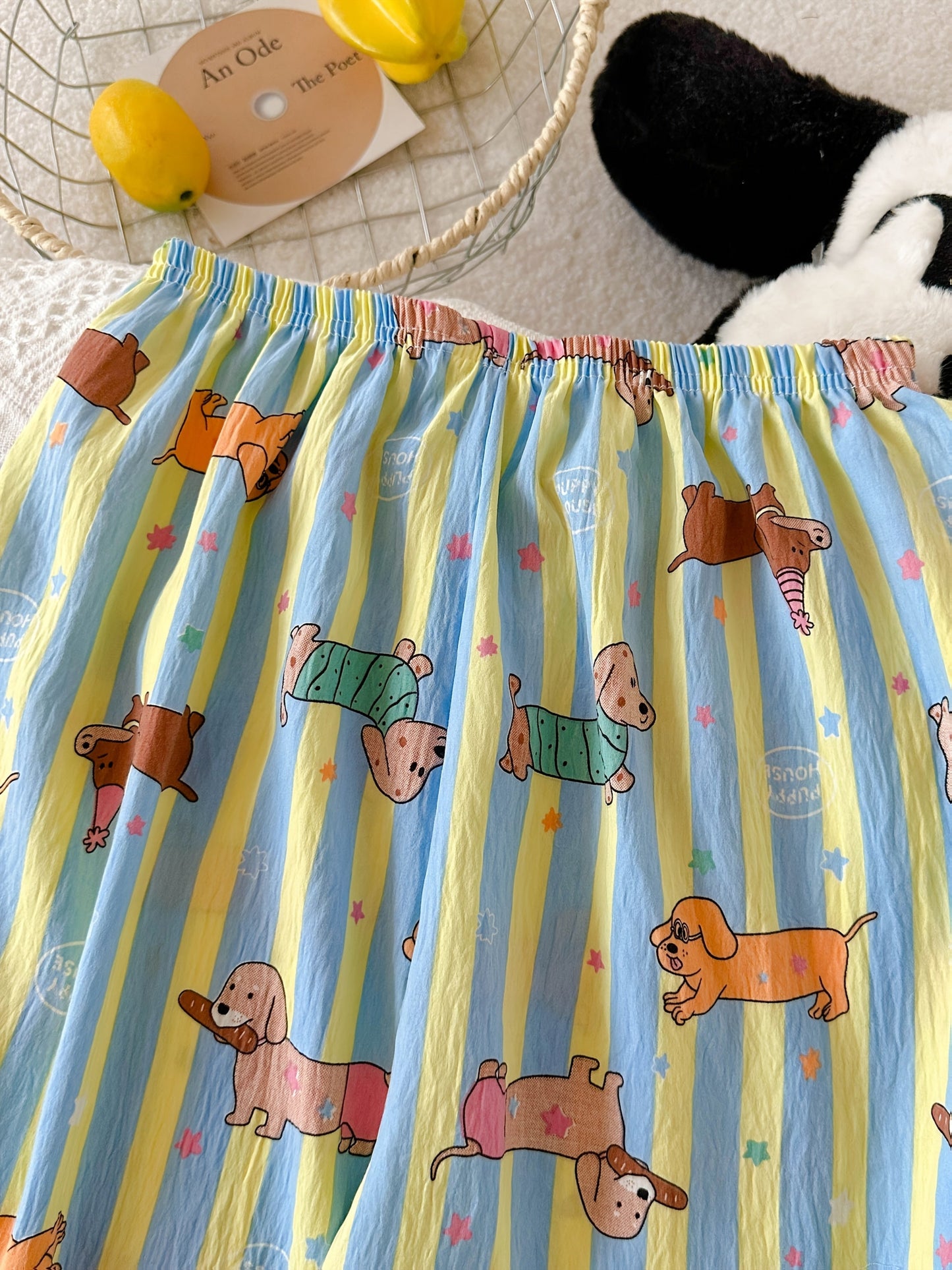 Cute Dachshund Print Striped Pajama Set – Short Sleeve & Shorts