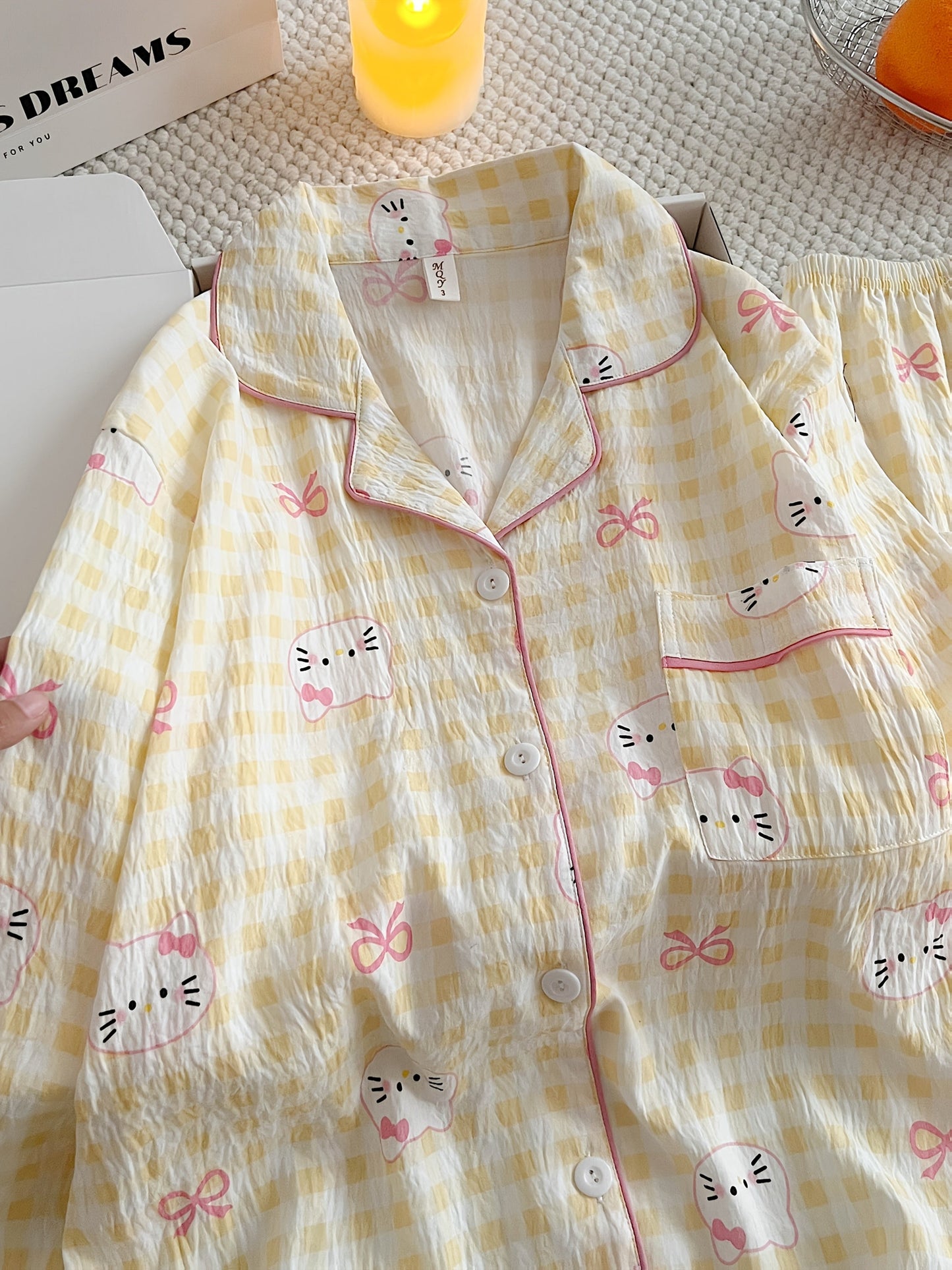 Yellow Gingham Kitty Pajama Set – Button Shirt & Pants