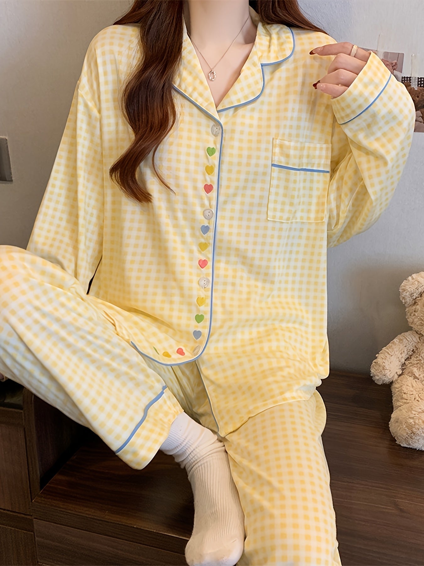 Yellow Gingham Pajama Set with Heart Buttons – Shirt & Pants
