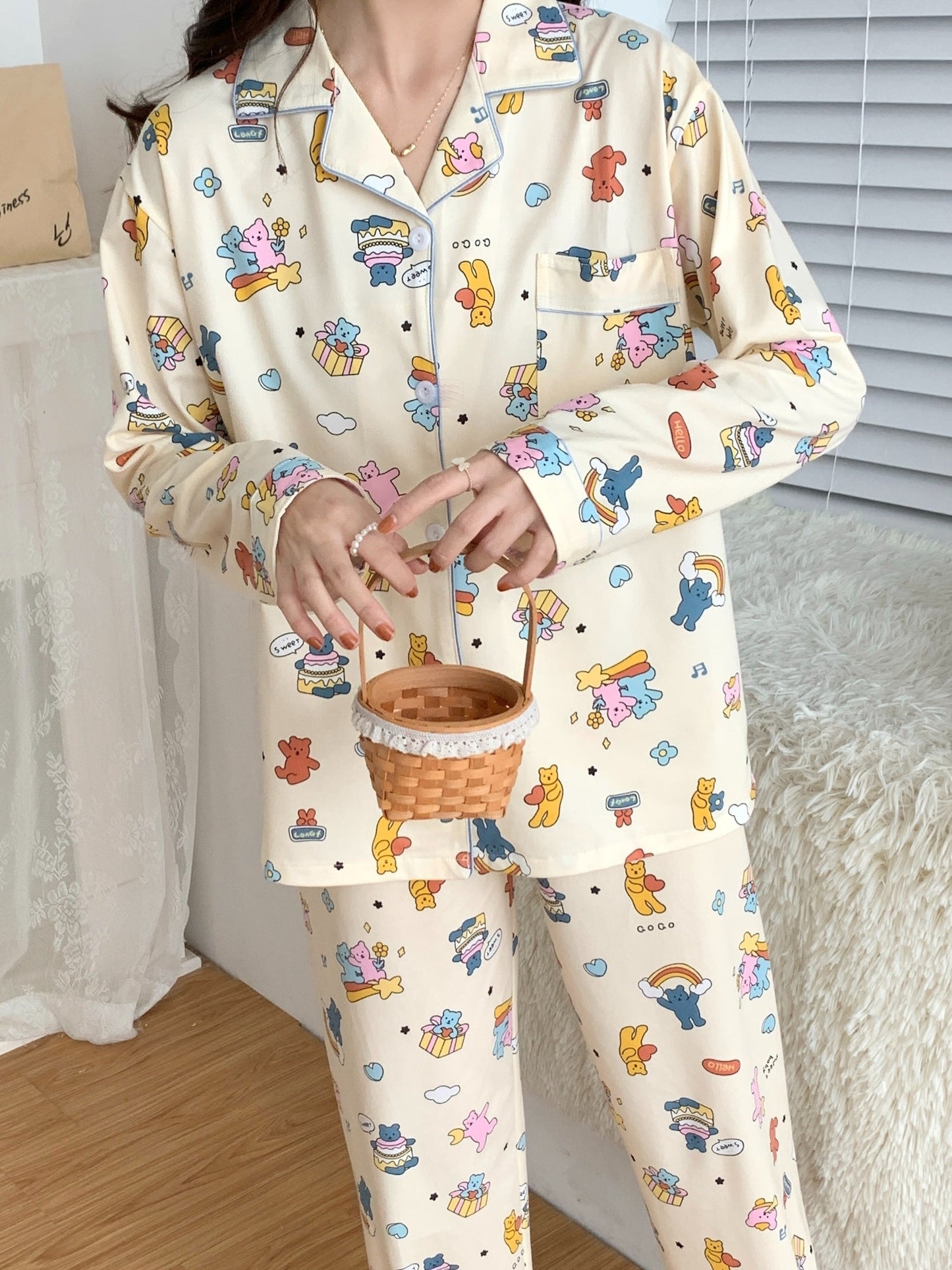 Cartoon Bear & Rainbow Pajama Set – Shirt & Pants