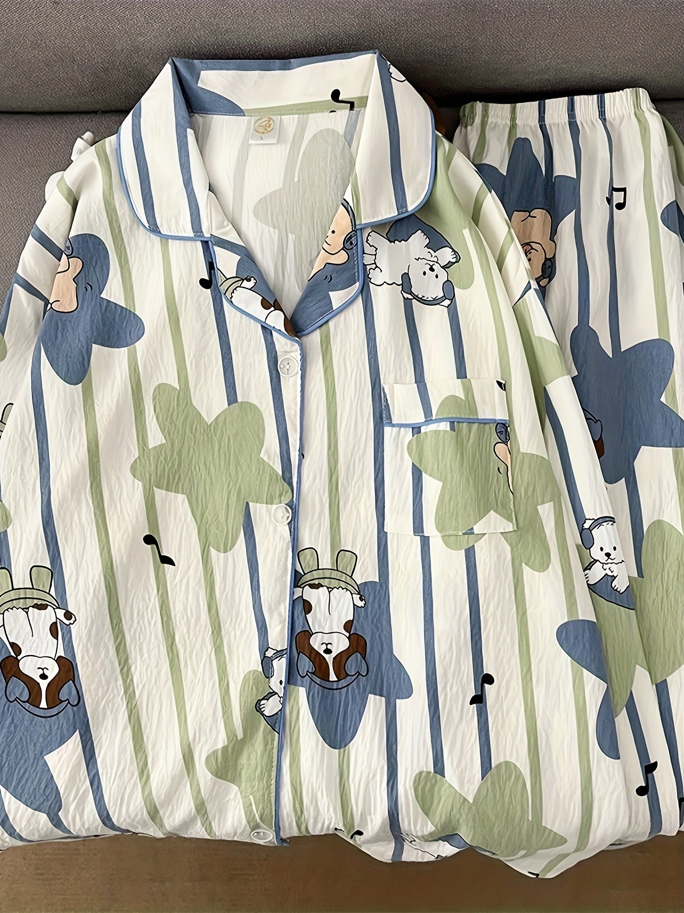 Puppy Print Striped Pajama Set – Shirt & Pants