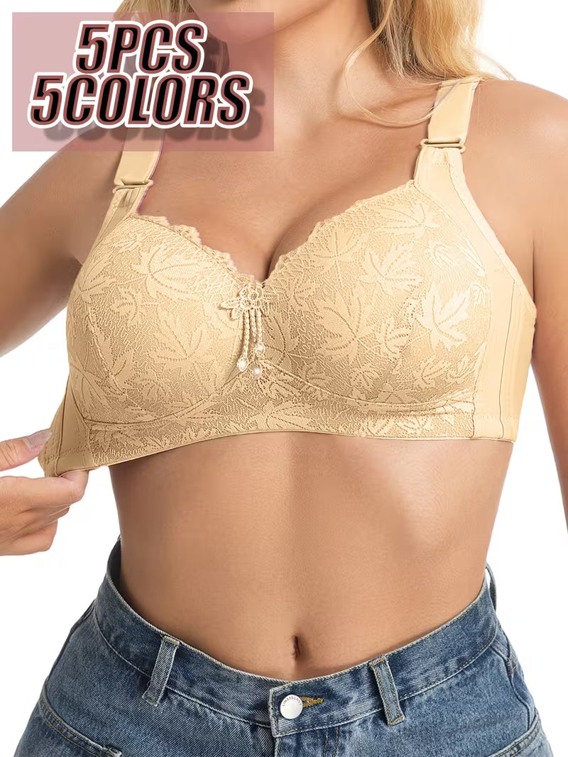 5pcs Full-Coverage Wireless Bras - Wire-Free Moderate Support with -Neck & Leaf Lace Cups, Soft Breathable Underwire-Free Bras Suitable for Daily Wear, Machine Washable Full Coverage for Women