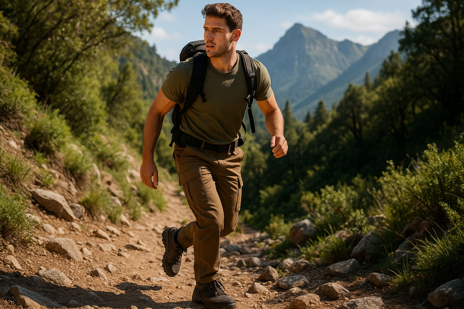 create a image in which a guy is hiking wearing a cargo pant 
