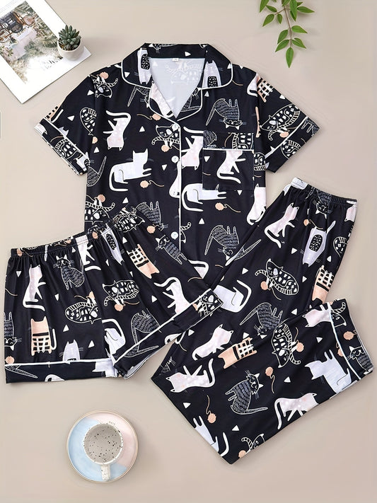 Purrfect Dreams Cat Print Nightwear Set (3-Piece Combo)