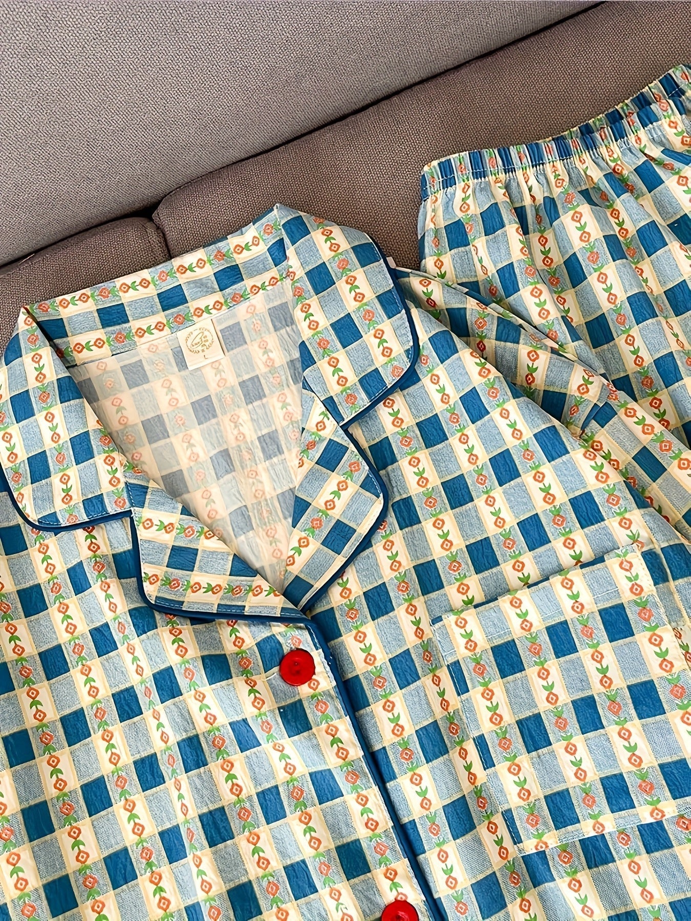 Vintage Blue Check Pajama Set – Button Shirt & Pants