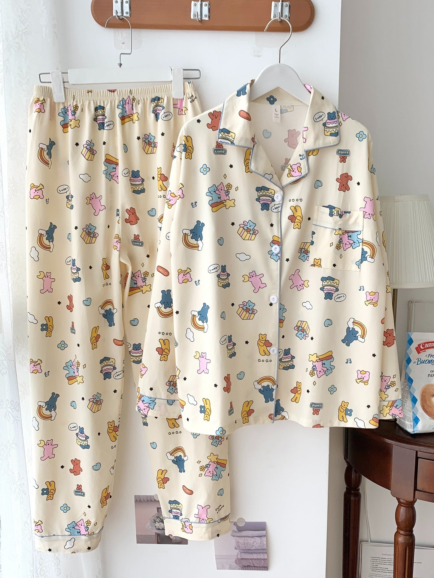 Cartoon Bear & Rainbow Pajama Set – Shirt & Pants