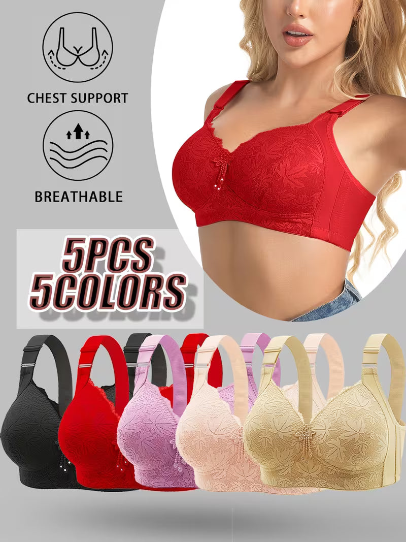 5pcs Full-Coverage Wireless Bras - Wire-Free Moderate Support with -Neck & Leaf Lace Cups, Soft Breathable Underwire-Free Bras Suitable for Daily Wear, Machine Washable Full Coverage for Women