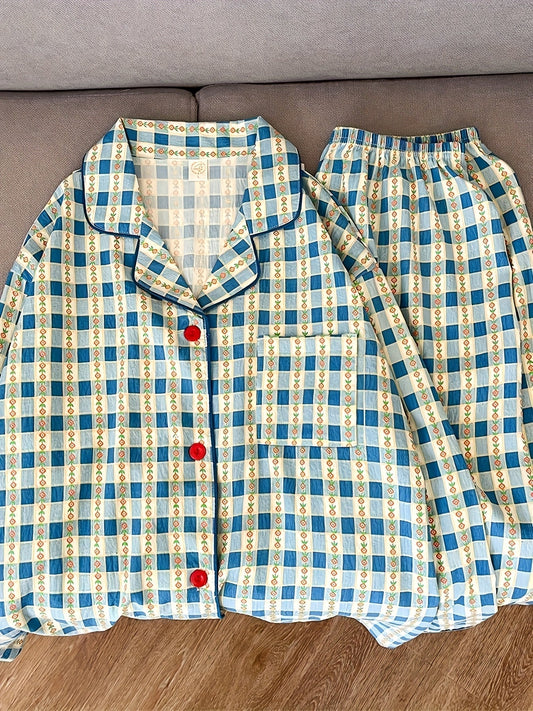 Vintage Blue Check Pajama Set – Button Shirt & Pants