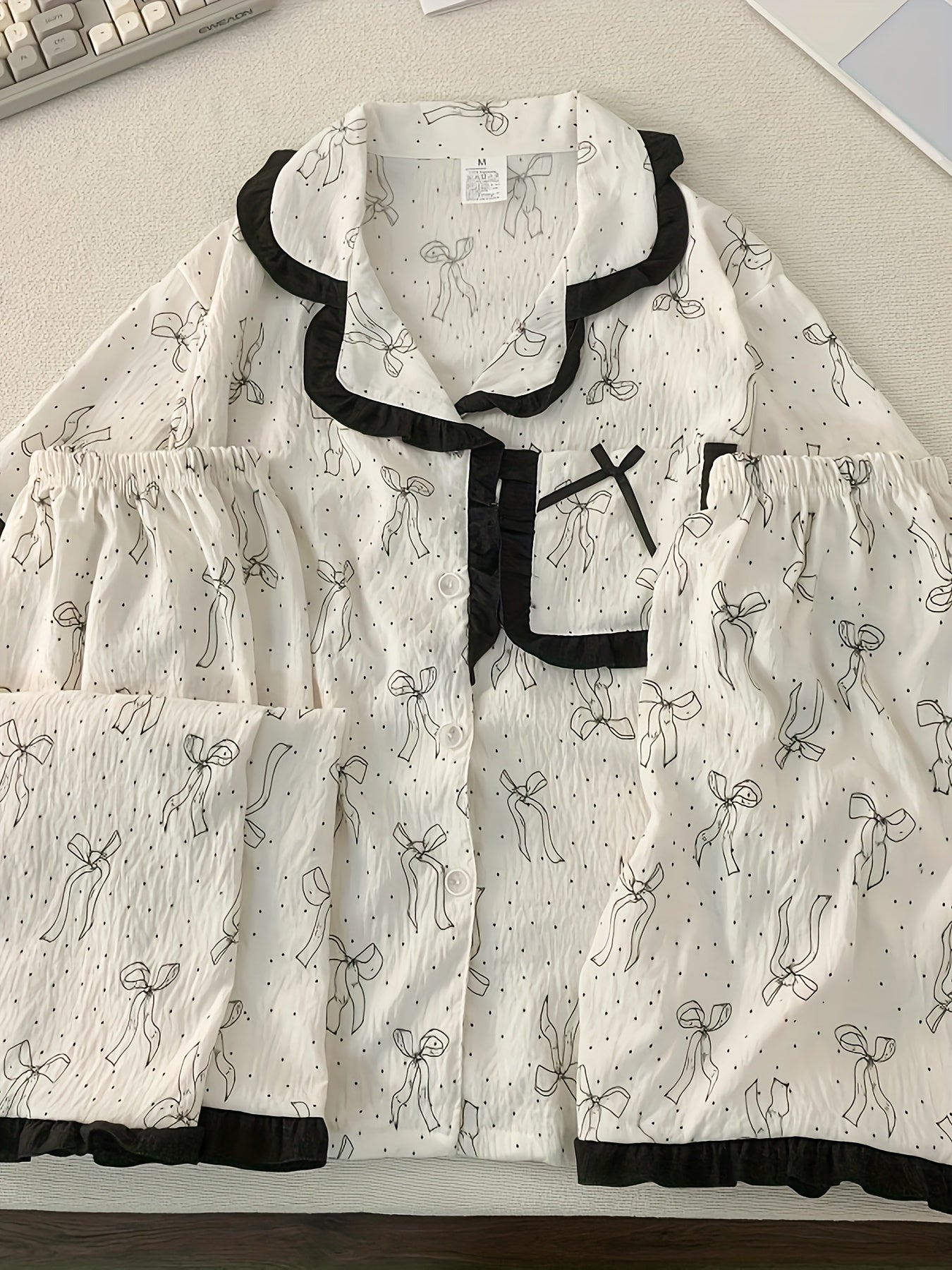 Elegant Bow Print Pajama Set – 3-in-1 (Shirt, Shorts & Pants)