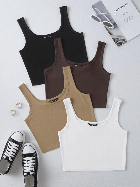 Pack of 4 Solid Ribbed Knit Tank Tops .