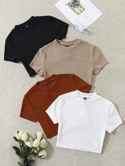 Pack of 4 Solid Ribbed Knit Tees
